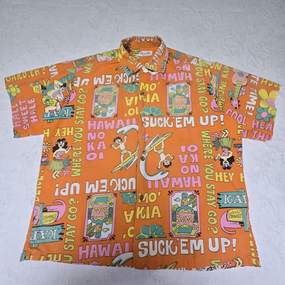 Vintage Hawaii Nei 70s Funky Aloha Shirt Hawaiian Pidgin Language Rare Collect
